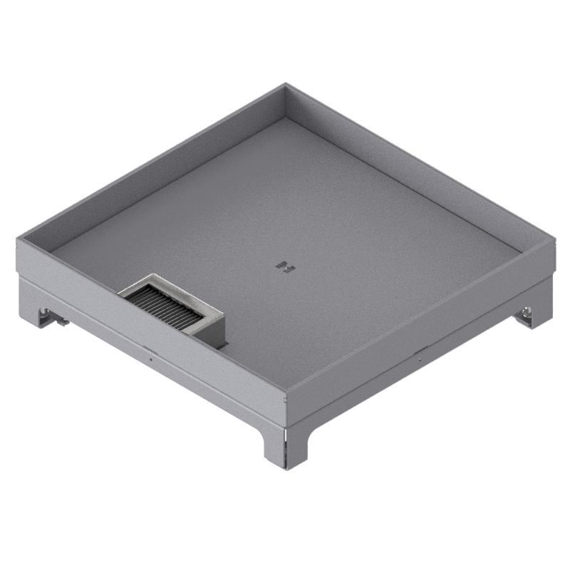 Boîte de sol UBD 320 en acier inoxydable, couvercle avec bord, fermé, évidement de 30mm et 1 sortie de brosse inclus