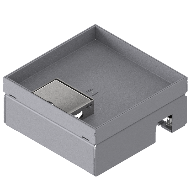 Boîte de sol UBD 160 small en acier inoxydable, couvercle avec bord, fermé, évidement de 20mm et 1 sortie de cordon inclus