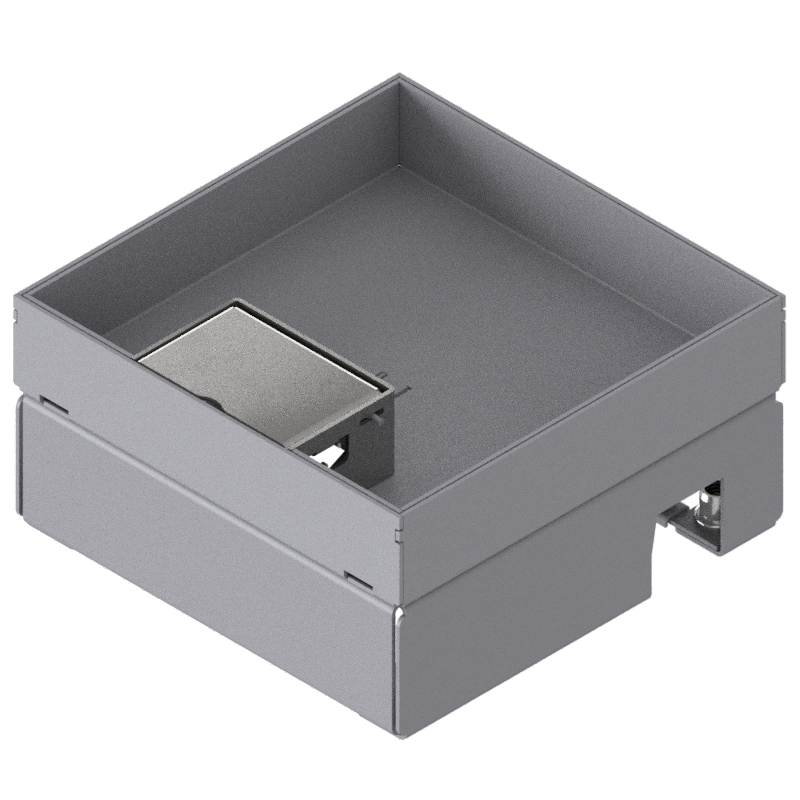 Boîte de sol UBD 160 small en acier inoxydable, couvercle avec bord, fermé, évidement de 30mm et 1 sortie de cordon inclus